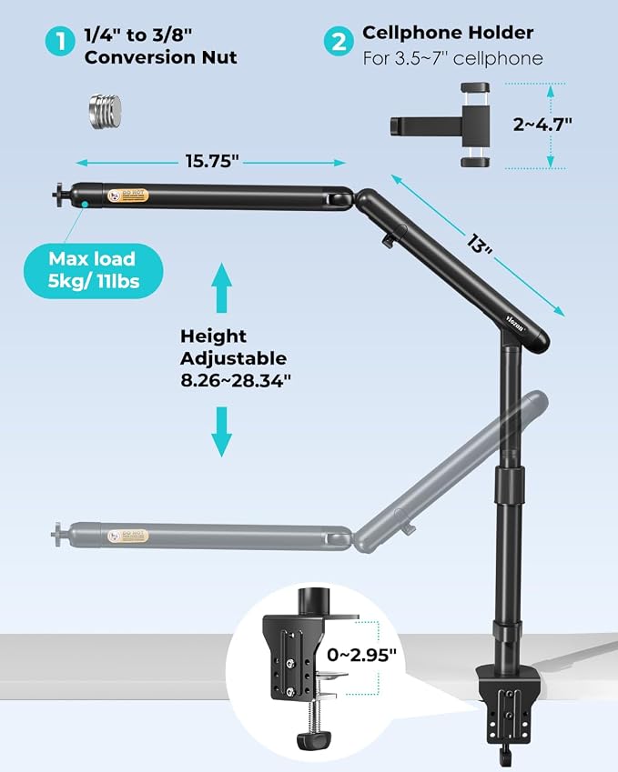 Viozon Overhead Camera Mount, Overhead Phone Stand, Flexible Aluminum Alloy Spring Arm with 360° Ball Head,1/4"&3/8" Interface for DSLR Camera/Rrojector/Microphone/Ring Light/Webcam/Phone - Image 3