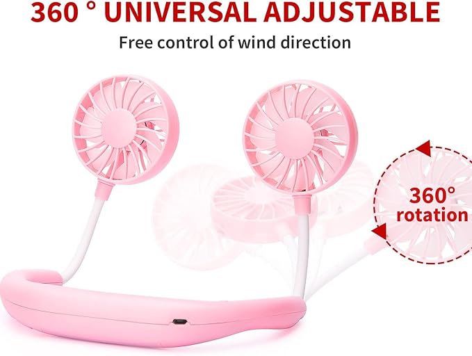 JUANANIUG Portable Neck Fan Rechargeable Personal HandFree Fan Mini USB Wearable Neckband Sport Fan 3 Speed Adjustable 360 Degrees Rotation Perfect for Working Traveling Office Reading (Pink) - Image 9