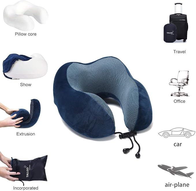 TALLGO Travel Pillow, Best Memory Foam Neck Pillow Head Support Soft Pillow for Sleeping Rest, Airplane Car & Home Use (Dark Blue) - Image 6