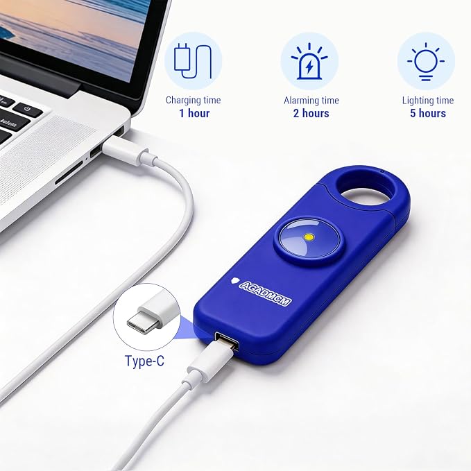 Rechargeable Personal Safety Alarm for Women | 130dB Loud Siren & Strobe Light & Low Battery Notice, Emergency Keychain Alarm for Self Defense (Navy Blue) - Image 6