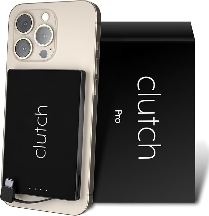 Clutch Pro – World's Thinnest Portable Charger – USB-C Power Bank 5000mAh – Magnetic Built-in Cable – TSA Approved Travel Charger – iPhone 15/16/17 & Android – Black by ClutchCharger
