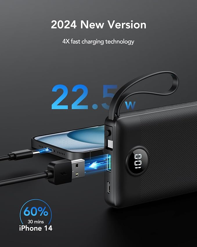 VRURC Portable Charger, 20W PD Fast Charging Power Bank Built in 4 Cables | 10000mAh Compact Portable Phone Charger, 5 Outpputs USB C Battery Pack for iPhone, Samsung & Multi Devices-Black(1 Pack) - Image 2