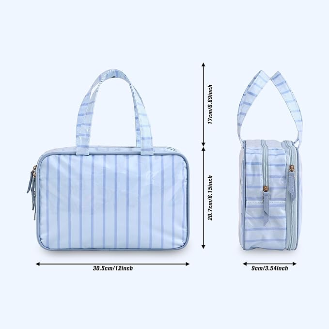 Toiletry Bag for Women, Blue Stripe | Clear Coated,Waterproof,Multiple Compartment,Open Flat,Handle,Travel Organizer for Shampoo,Conditioner,Cosmetic Accessories - Image 4
