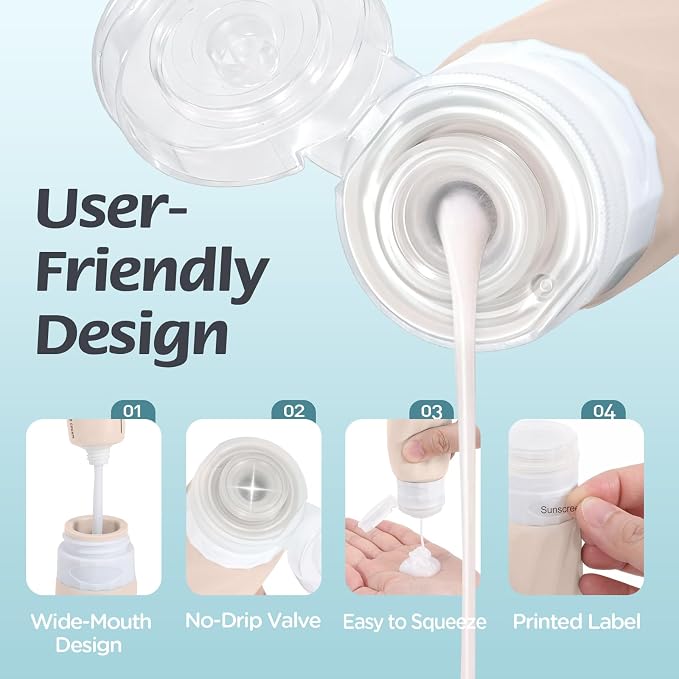 6Pcs Travel Bottles for Toiletries, Silicone Travel Size Containers Set | TSA Approved BPA-FREE Silicone Leak Proof Refillable Bottles and Jars, Women & Men Airplane Cruise Essentials Kit (CREAM) - Image 4