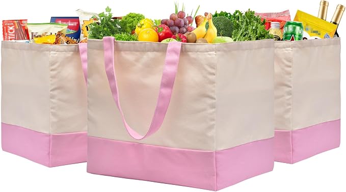 3 Pack Canvas Reusable Grocery Bags Heavy Duty, 8.3 gal Foldable Large Tote Bag with Handles, Holds 60 lbs Canvas Shopping Bags & Washable Eco-friendly Bags with 5 Pockets, Pink+Off white - Image 3