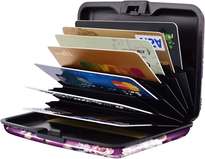 Credit Card Holder for Women,RFID Blocking Slim Hard Mini Flowers Card Case ID Case Travel Wallet Purple - Image 3