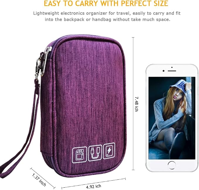 Electronic Organizer Bag Cable Organizer Travel Cord Organizer Case Pouch Portable Carrying Case for Charger Hard Drive Earphone USB SD Card (Purple) - Image 3
