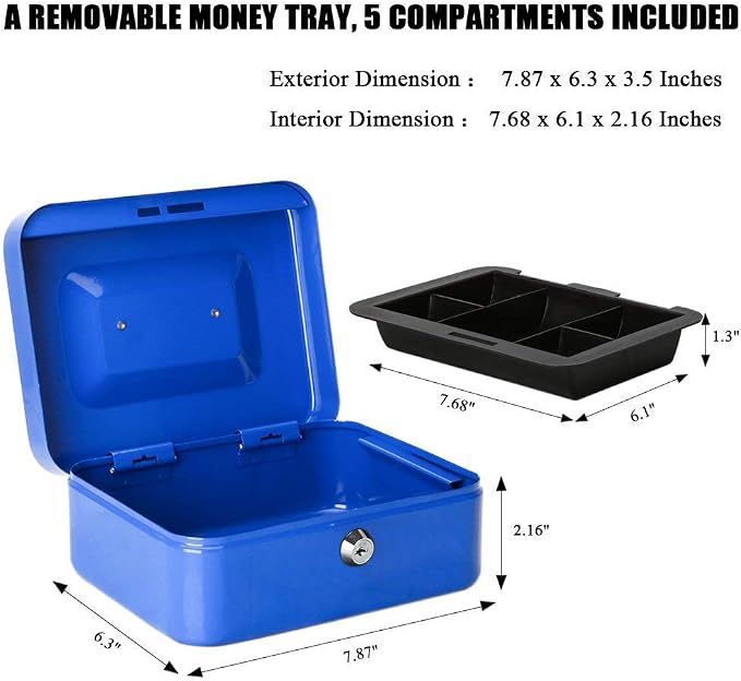 Jssmst Locking Medium Steel Cash Box with Money Tray,Lock Box,Blue - Image 2