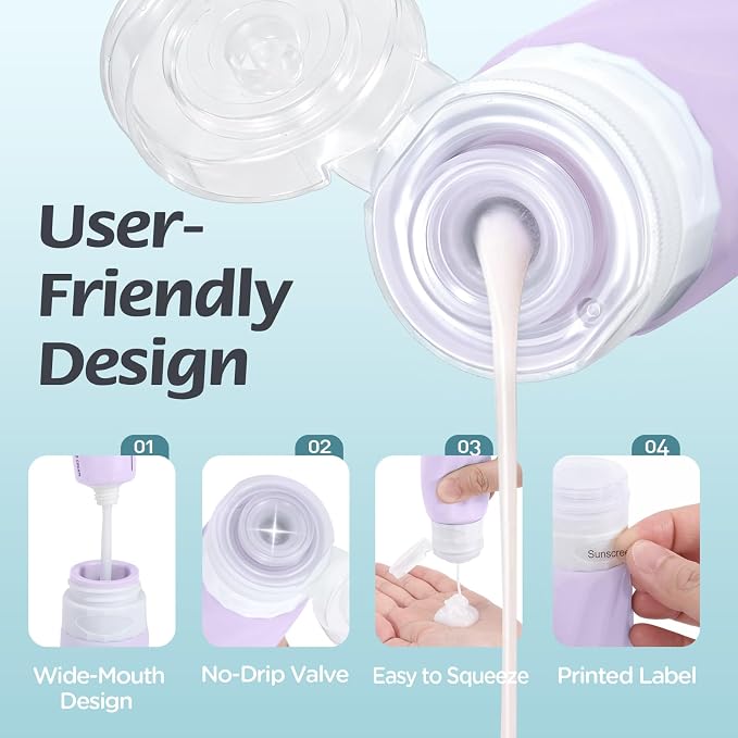 6Pcs Travel Bottles for Toiletries, Silicone Travel Size Containers Set | TSA Approved BPA-FREE Silicone Leak Proof Refillable Bottles and Jars, Women & Men Airplane Cruise Essentials Kit (PURPLE) - Image 4