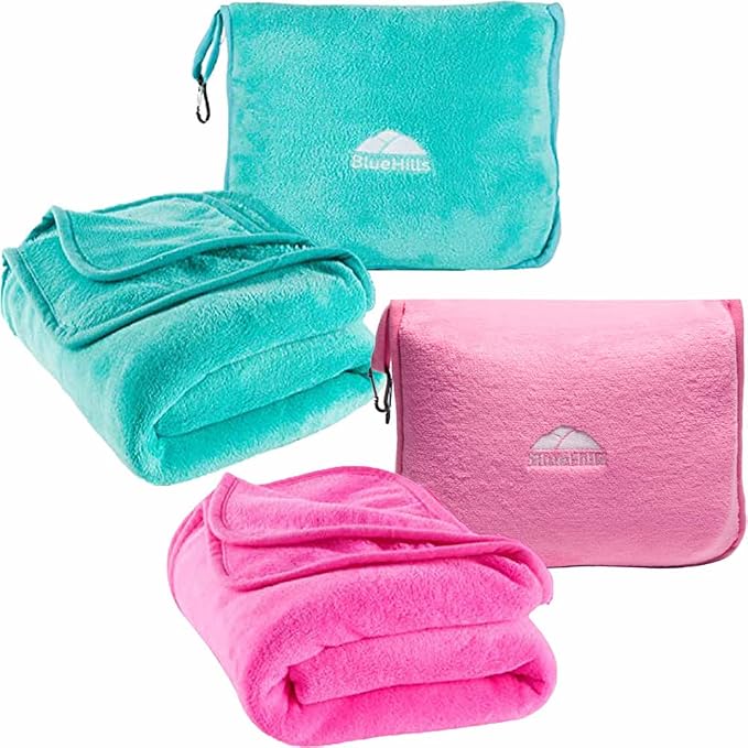 BlueHills Premium Soft Travel Blanket Pillow Value Pack Set of 2 - Airplane Flight Blanket Throw in Soft Bag with Luggage Belt Compact Pack Large Blanket for Travel Pink and Teal Green Color by BlueHills