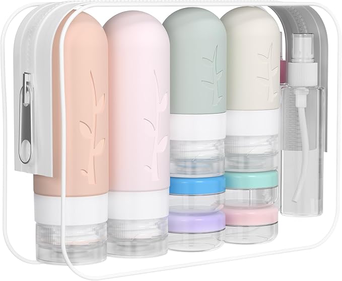 DEPOZA Travel Bottles Kit (16 Pack) - TSA Approved, Leak Proof Silicone Squeezable Containers for Toiletries. Complete Set with Jars, Sprayers & Bag (Pink) by TravelingisaspiritualpracticeDepozawillaccompanyyouonyourspiritualpath