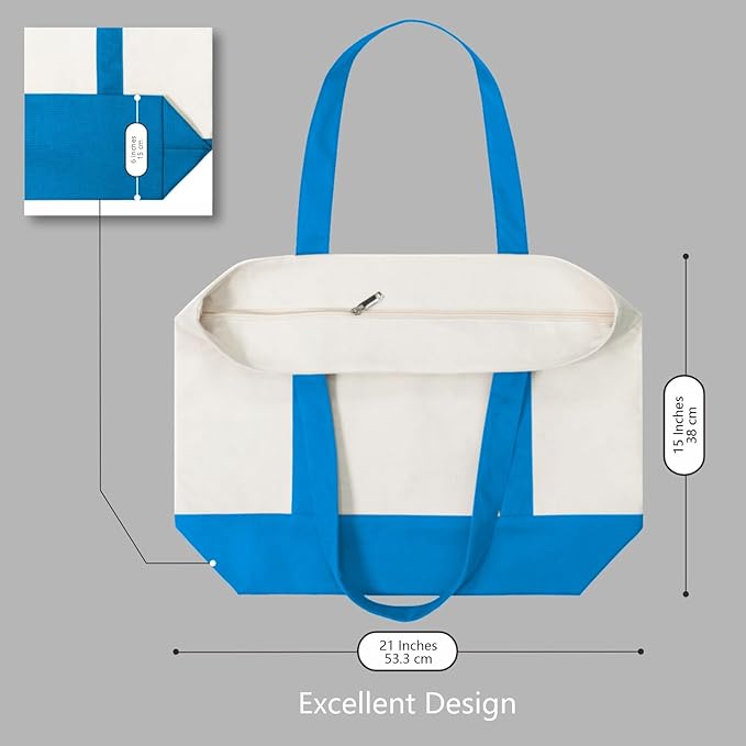 TOPDesign 3-Pack Canvas Tote Bags with an External Pocket, Reusable Grocery Shopping Bags, Top Zipper Closure, Daily Essentials (Ocean Blue/Natural) - Image 5