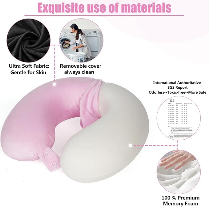 SAIREIDER Travel Neck Pillow 100% Memory Foam, Airplane Rest Prevents Head from Falling Forward, Plane Accessories with Storage Bag, Sleep Mask and Earplugs (Pink) - Image 4