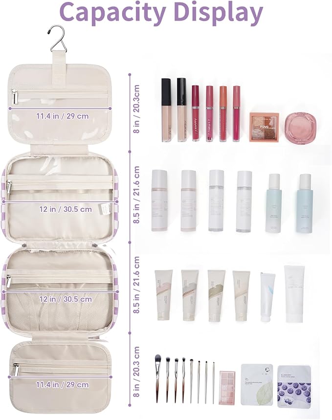 Narwey Travel Toiletry Bag for Women Large Hanging Makeup Bag Organizer Toiletries Bag for Full Size Essentials Accessories Cosmetics (Purple Checkerboard (Large)) - Image 5