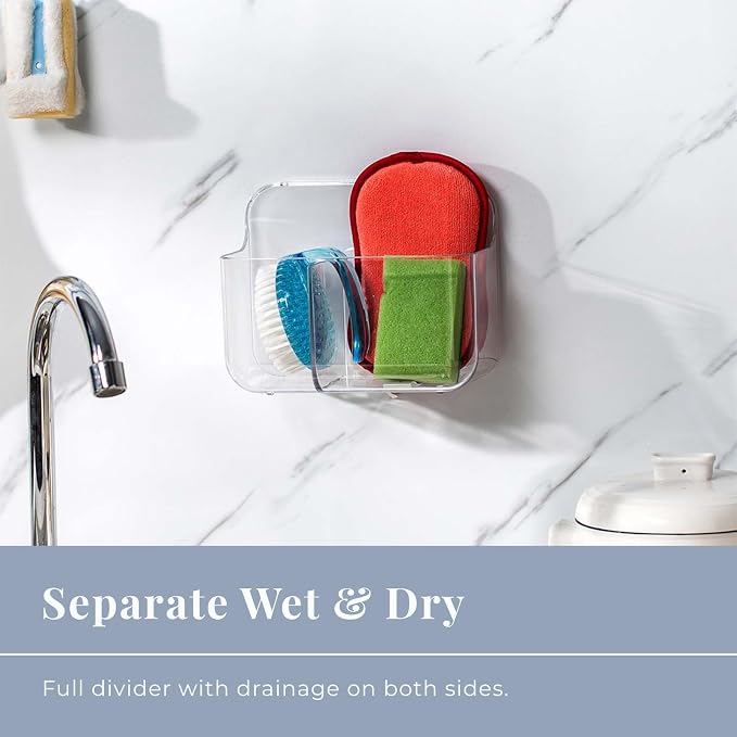 Adhesive Wall Organizer Bin, 2 Compartments, No-Drill, Clear | BPA-Free PET, Detachable, Divided Storage for Easy Sorting and Wet and Dry Separation, Drain Holes in Both Sections - Image 5