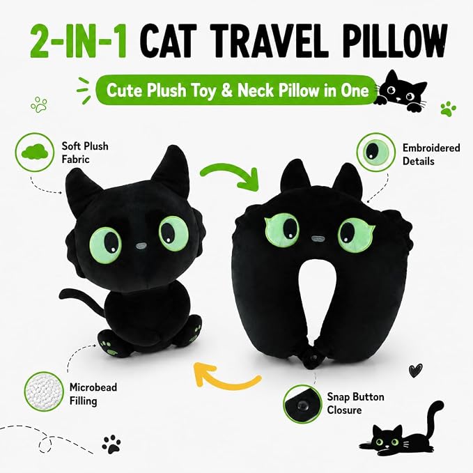 2-in-1 Travel Pillow for Kids & Adults Car Neck Pillow Memory Cotton U-Shaped Neck Pillow Soft Head Support Travel Accessories for Airplane Car Train Bus Airplane Pillow (cat) - Image 2
