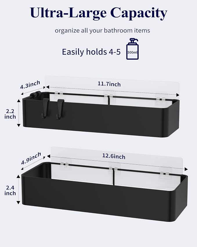 Kitsure Shower Caddy Adhesive, Stylish Shower Organizer, X-Large, Black | 2 Pack Shower Shelf for Inside Shower, 100% Rustproof Metal Shelves, No-Drill Bathroom Organizers and Storage - Image 2
