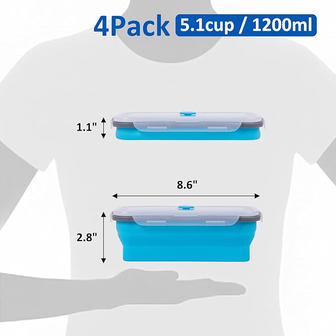 Collapsible Silicone Food Storage Containers Set with Lid & Air Vent,Foldable Lunch Containers(4PCS,Blue,40oz) - Image 2