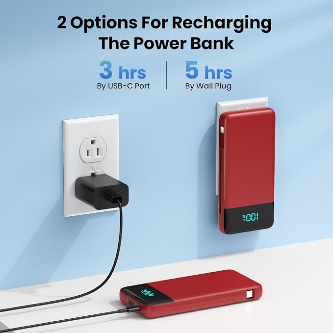 Portable Charger for iPhone,13800mAh Slim Power Bank with Built-in Cables & AC Wall Plug,All in One 4 Outputs USB C Fast Charging Battery Pack Travel Essential for iPhone 17/16/15/14,Android (Red) - Image 5