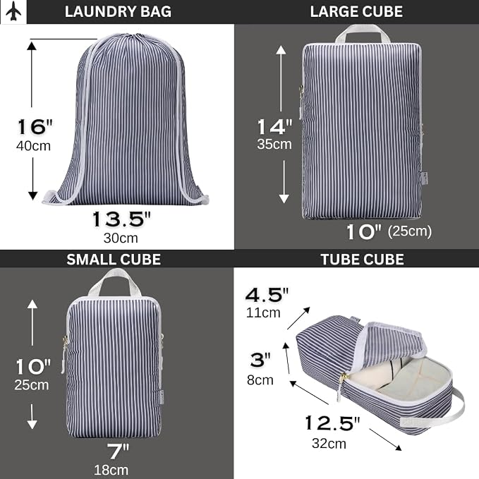 Compression Packing Cubes for Travel 6PC Set - Suitcase Organizer & Space Saver Bags for Carry On Luggage with Drawstring Backpack Grey Stripe - Image 5