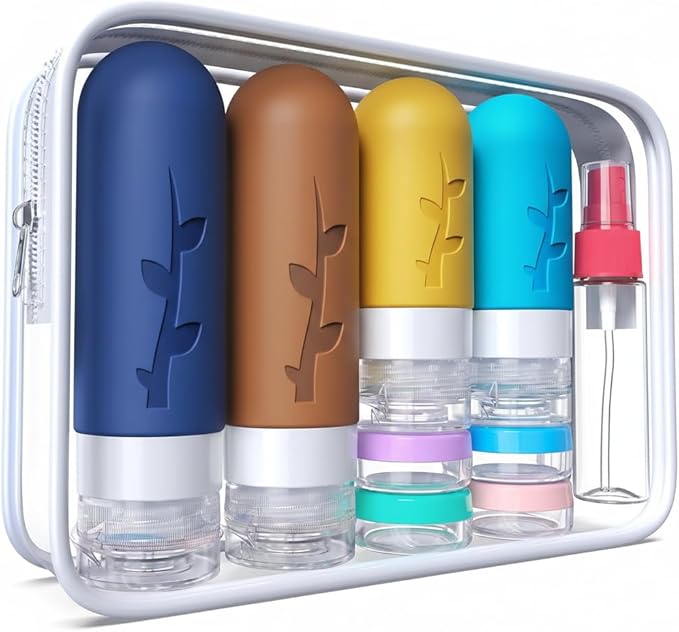 DEPOZA Travel Bottles Kit (16 Pack) - TSA Approved, Leak Proof Silicone Squeezable Containers for Toiletries. Complete Set with Jars, Sprayers & Bag (Dark blue) by TravelingisaspiritualpracticeDepozawillaccompanyyouonyourspiritualpath