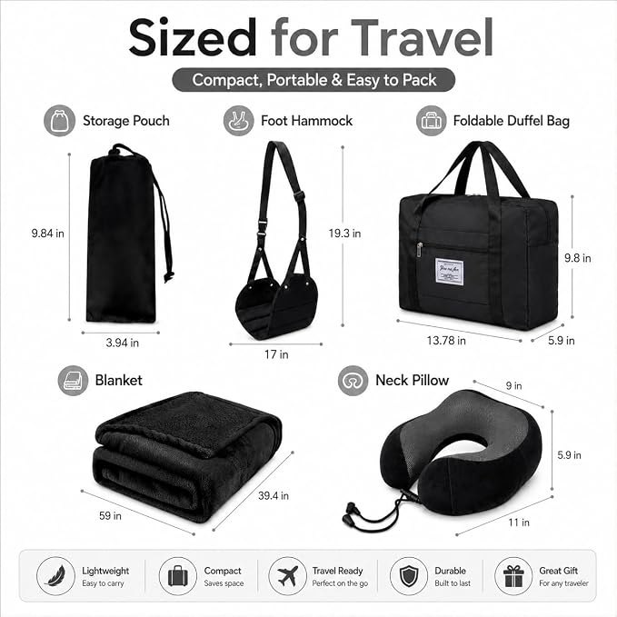 Travel Pillow and Blanket Set - Foot Hammock Rest Airplane Essentials Black | Memory Foam Neck Pillow Plane Foot Rest Airplane Accessories Essentials, Foldable Duffel Bag Eye Mask Earplugs for Comfort - Image 2