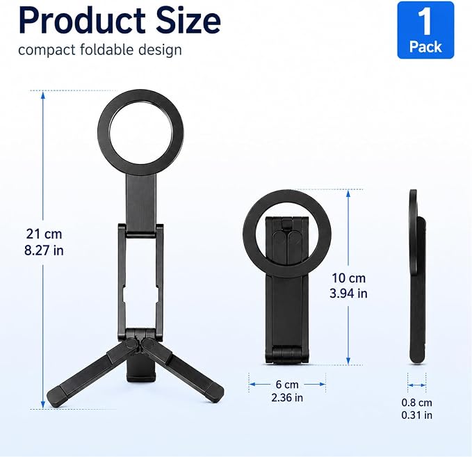 Phone Stand,360°Rotating Phone Tripod,Selfie Stick for iPhone,Phone Stand for Desk,Magnetic Phone Stand Foldable Cell Phone Stand Fits Gym, Travel Essentials Accessories(Black Aluminum Alloy) - Image 2