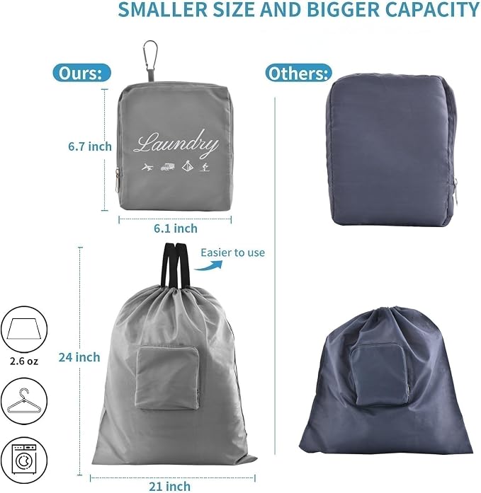 JHX Travel Laundry Bag, Dirty Clothes Bag 【Upgraded】 with Handles and Aluminum Carabiner, Collapsible Laundry Bag for Travel, Camp, Fitness, and Students（1Pcs Grey） 24"L x 21"W - Image 2