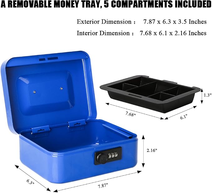 Jssmst Medium Cash Box with Combination Lock-Durable Metal Cash Box with Money Tray Blue, 7.87 x 6.3 x 3.35 inches, CB0702M - Image 2