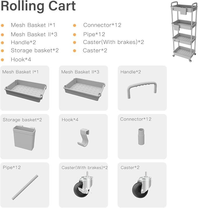 4 Tier Rolling Utility Cart with Handle,REBECAT Utility Cart Made of Multifunctional Storage Organizer Tool for Kitchen,Bathroom,Living Room,Office(Gray) - Image 5