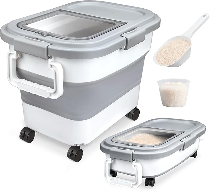 Rice Storage Container, Collapsible Airtight Food Storage Containers 20-30 Lbs, Rice Dispenser Bin with Cup and Scoop for Flour Cereal Pasta Grain, Cat Bird Pet Dog Food Storage Container by Komzon