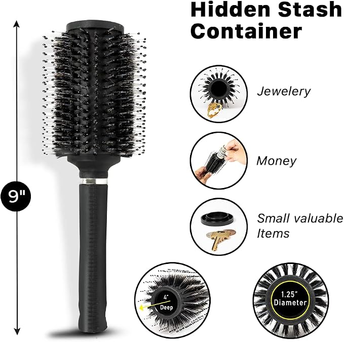 9“ Diversion Round Hair Brush with Secret Hidden Compartment, Safe Stash Box Container for Money, Jewelry, House Keys, Valuables, for Travel or Home Use - Image 6