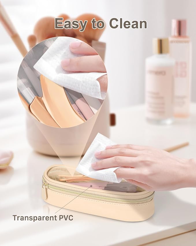 Soimeat Clear Travel Makeup Brush Holder, Leather Makeup Brush Toiletry Bag, Portable Cosmetic Brush Case, Transparent Waterproof Makeup Brush Storage Bag, Khaki - Image 4
