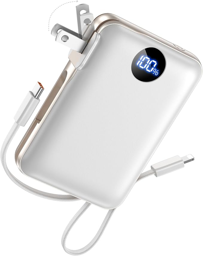 Portable Charger Power Bank 10000mAh,Built-in Cables & AC Plug | Built-in Cables & AC Plug, 22.5W Fast Charging, 4-Device Charging, Travel Essential, for iPhone, iPad & Samsung Galaxy, White by Unknown