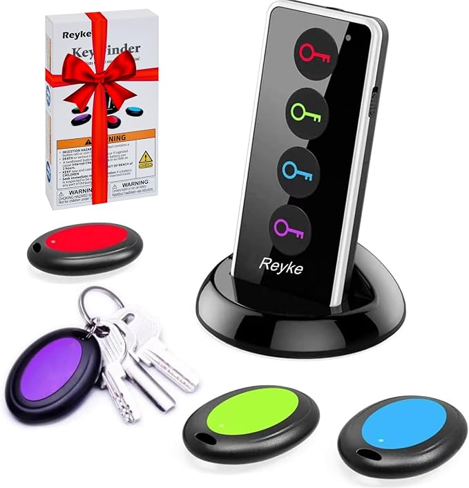 Reyke Key Finder with Sound, 131ft RF Remote Finder, 4 Receivers | 80dB+ RF Remote Control Finder With 1 Transmitter and 4 Receivers for Keys, Wallets, Phones, Glasses and Pet Collars by Reyke