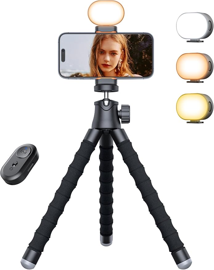 Phone Tripod with Light & Remote, 360° Rotating for Travel Use | LED light with 3 brightness levels, Fits smartphones & cameras. Great for tabletop & travel. by Pnitri