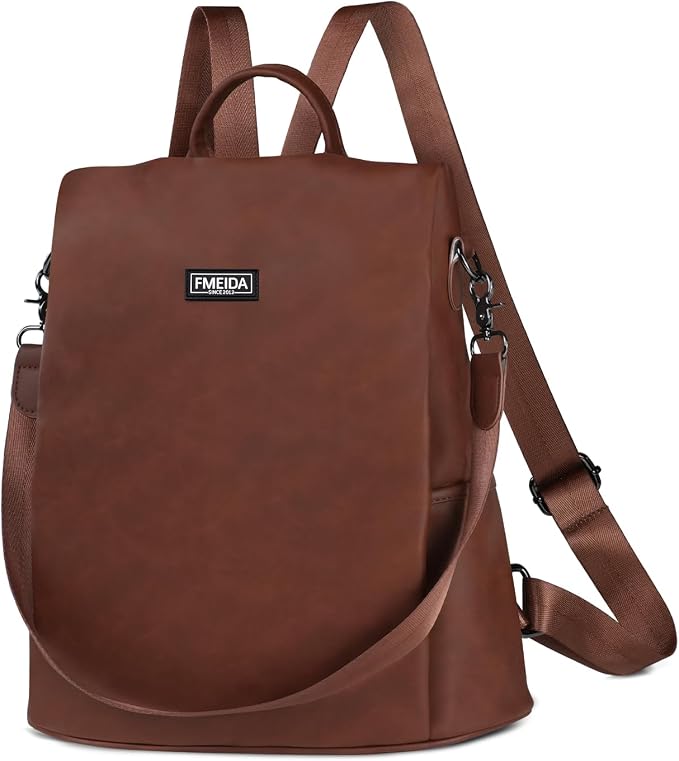 Convertible Backpack Purse for Women Anti Theft Nylon Backpack Brown | Hidden Back Zipper Opening, Compact Travel Size,PU Leather, Daypack for College Work, Fits 13-inch laptop by Fmeida
