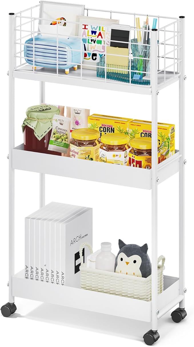 KINGRACK Slim Rolling Storage Cart 3 Tier - Heavy Duty Metal Utility Cart with Raised Edge & Wheels, Narrow Small Mobile Organizer Shelves for Bathroom, Kitchen, Laundry, Office, Living Room, White by KINGRACK