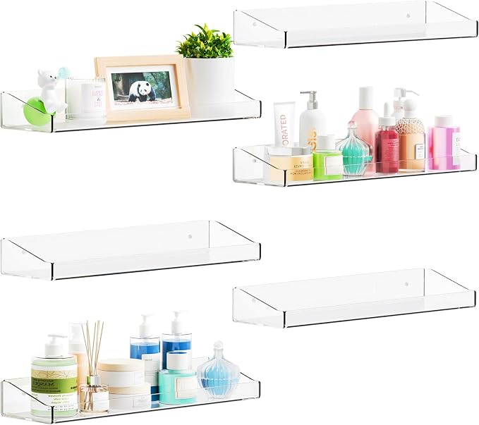6 Pack Shower Shelf for Inside Shower - No Drill Bathroom Adhesive Shower Shelves,Large 15" Clear Wall Mount Bath Organizer,Floating Clear Bathroom Shelves for Makeup,Perfume,Shampoo Holder by Yieach