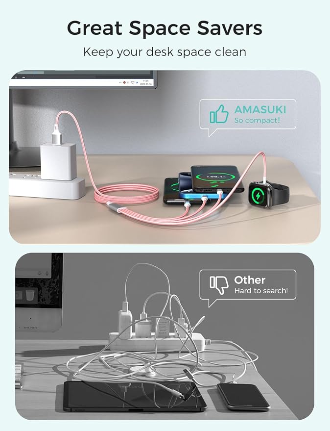2Pack Multi Charging Cable for Apple Watch Charger 4 in 1 Travel Essentials RV Camping Essentials USB C/L/Micro Compatible with iWatch Series 11-1/iPhone 17/16/15/Android Airplane Gadgets-4FT/Pink - Image 3