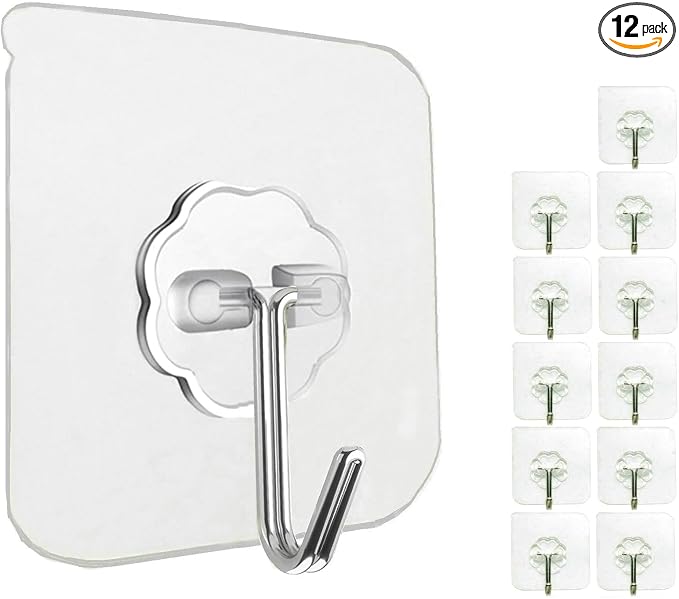 12 Pack Adhesive Wall Hooks Heavy Duty No Drill Clear Sticky Hooks, 33LB | Waterproof Transparent Sticky Hooks for Hanging, 33lbs Max Load No Damage,Ideal for Towel,Coat,Bathroom,Kitchen,Home by Jwxstore