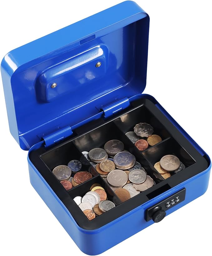 xydled Steel Cash Box Safe with Combination Lock,Money Safe Box with Removable Coin Tray,Medium,7.87"x 6.30"x 3.54",Blue - Image 3