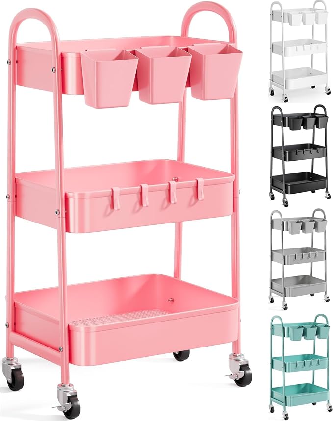 3 Tier Metal Rolling Cart with Lockable Wheels and Handle,Three Tiered Cart | Pink Roller Trolley on Wheels, Utility Storage Organizer for Bathroom, Kitchen, Teachers, Art, Crafts, Baby Diaper,Snack,Nail by Recximi