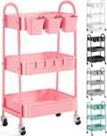 3 Tier Metal Rolling Cart with Lockable Wheels and Handle,Three Tiered Cart | Pink Roller Trolley on Wheels, Utility Storage Organizer for Bathroom, Kitchen, Teachers, Art, Crafts, Baby Diaper,Snack,Nail by Recximi