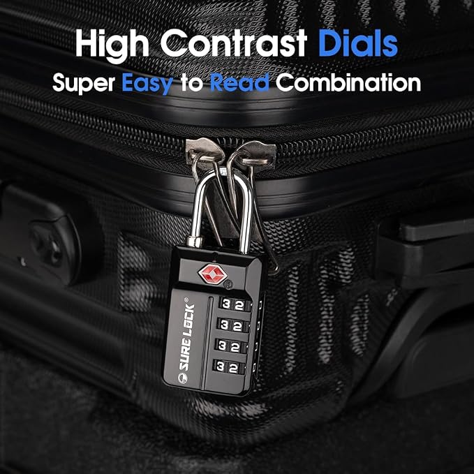 SURE LOCK TSA Approved 4-Digit Resettable Combination Luggage Lock with Open Alert, Easy-Read Dials - for Luggage, School Lockers, Gym, Office, Toolbox & Security Cases (Black 1 Pack) - Image 7