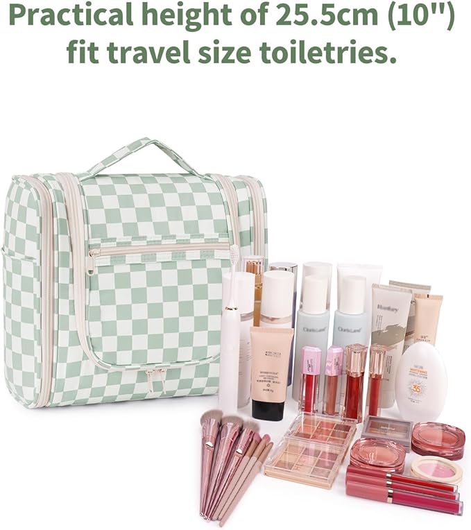 Narwey Travel Toiletry Bag for Women, Checkered Large Hanging Makeup Bag Organizer Cosmetic Make up Bags for Women, Travel Bag for Toiletries (Mint Green Checkerboard) - Image 4