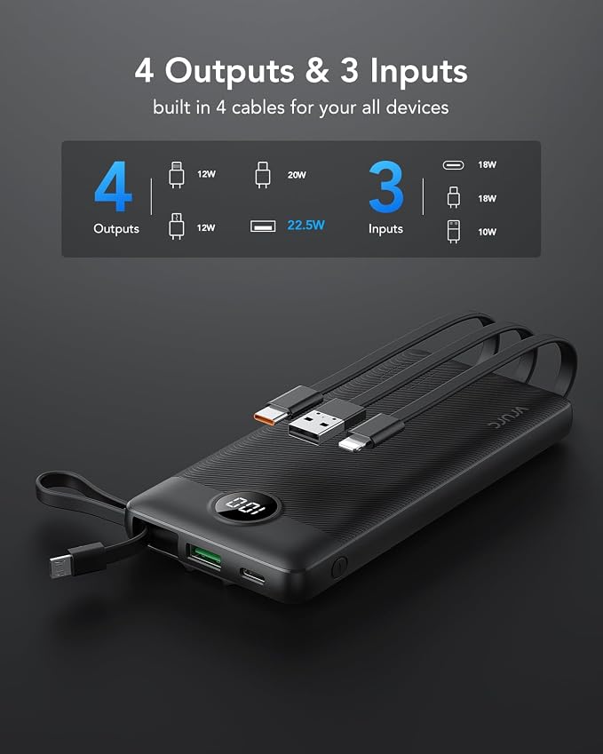 VRURC Portable Charger, 20W PD Fast Charging Power Bank Built in 4 Cables | 10000mAh Compact Portable Phone Charger, 5 Outpputs USB C Battery Pack for iPhone, Samsung & Multi Devices-Black(1 Pack) - Image 6