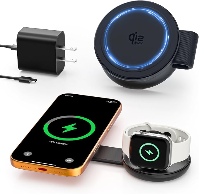 2 in 1 Magnetic Wireless Charger, Qi2 25W Fast Charging Travel Station Pad Compatible with MagSafe for iPhone Air/17/16/15/14/13/12, 5W for Apple Watch, AirPods 4/3/2/Pro with 30W Adapter (Black) by Gatatol