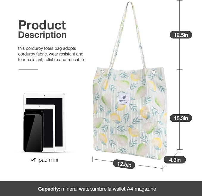 LHMTQVK Corduroy Tote Bags for Women, Large Capacity Tote Purse Reusable Grocery Shoulder Bag with Inner Pockets - Image 3