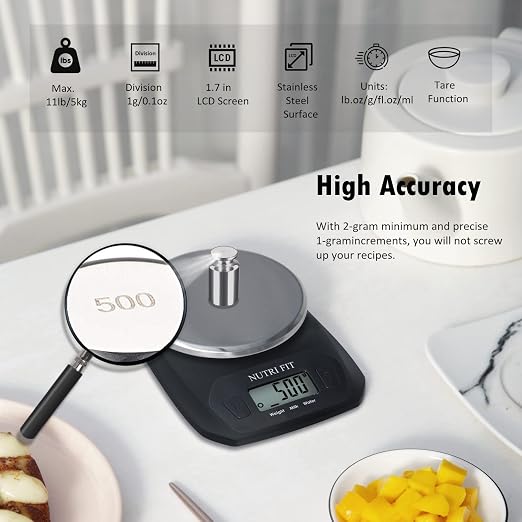 Digital Food Scale Small Kitchen Scales Weight in Grams Oz Black | Stainless Steel Panel, 1g Increment, Max 11lbs, Extra-Small Size, Smart Tare, Cooking Baking Weight Loss, Backlit LCD Display - Image 2